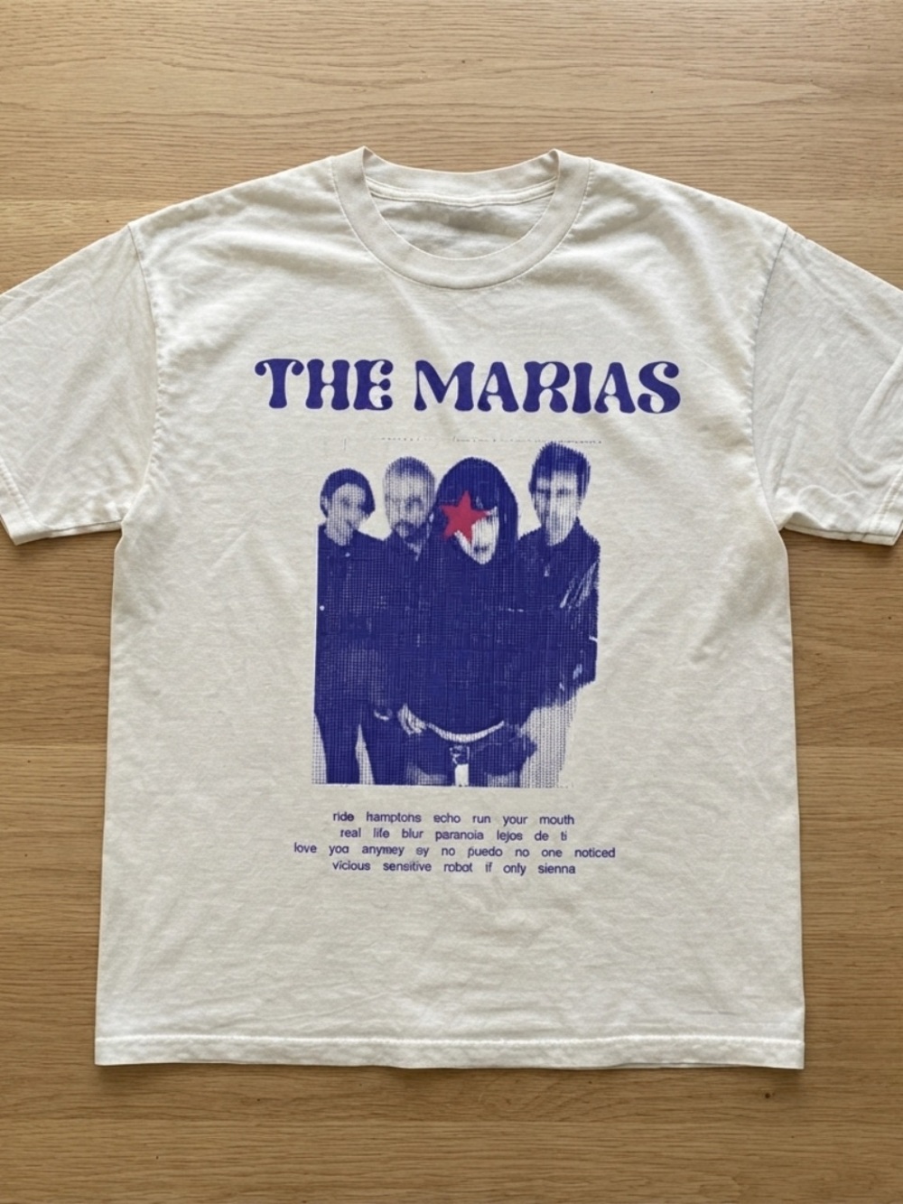 Gildan Cream Tee with Blue THE MARIAS Graphic